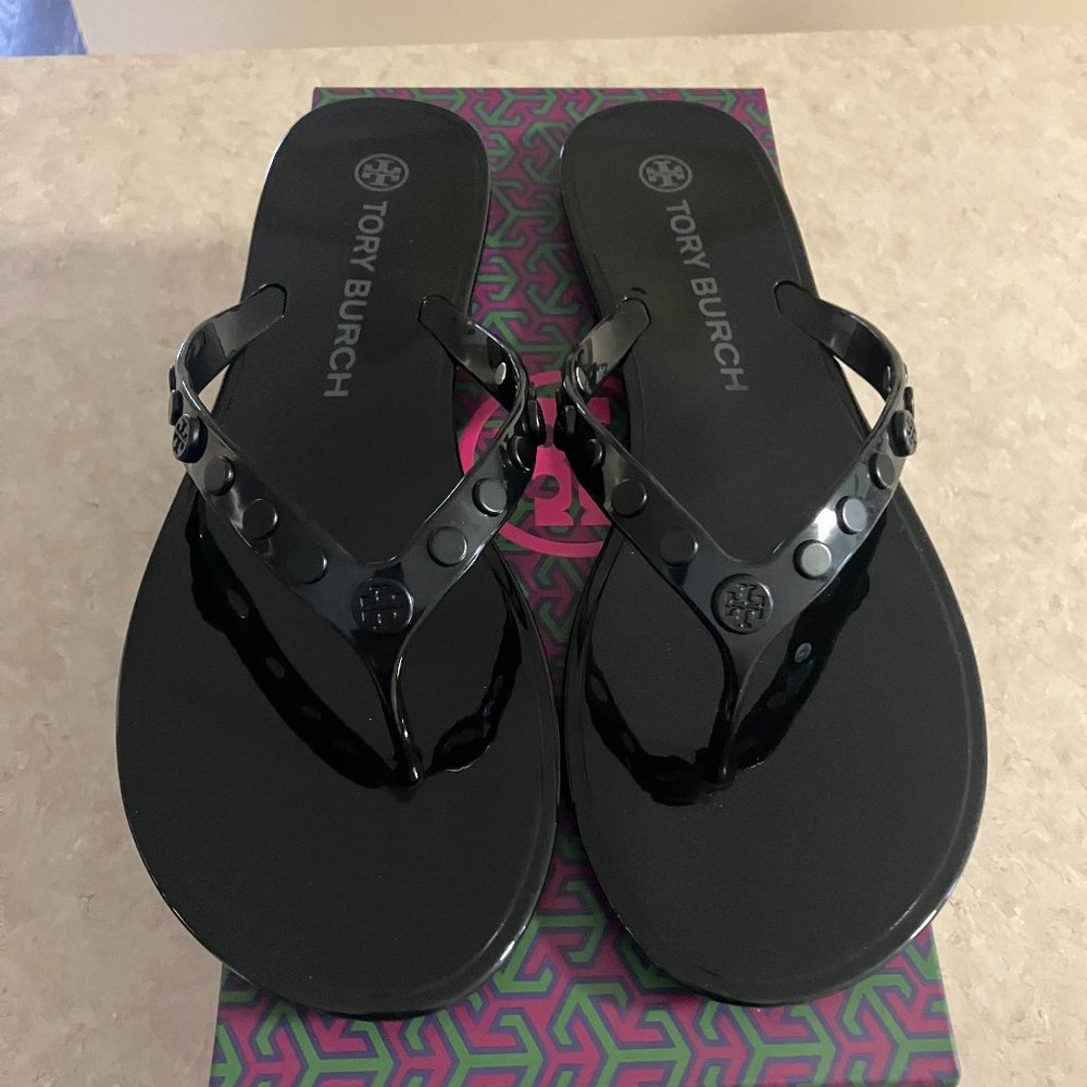 Tory Burch Women's Size 9 Black Studded Jelly Flip Flop Sandals